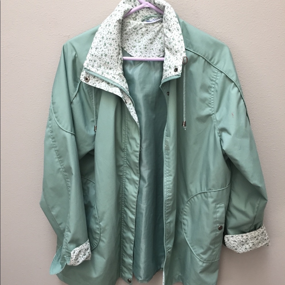 Blair Jacket Hooded Coat Green White Raincoat Sz L